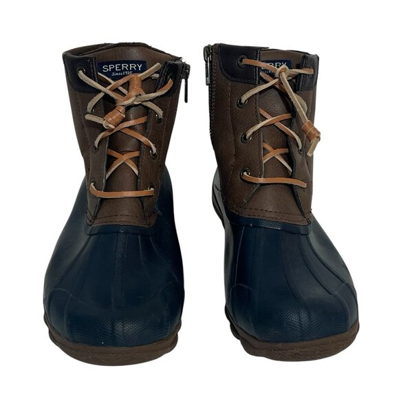 SPERRY Women’s Waterproof Rubber Boot Size 7.5 CHELSEA Rain Bootie Navy Brown - Picture 2 of 10